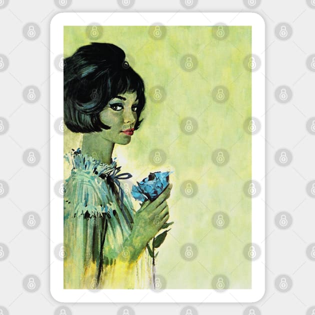 Vintage pulp cover girl with flower in hands Sticker by Click Here For More